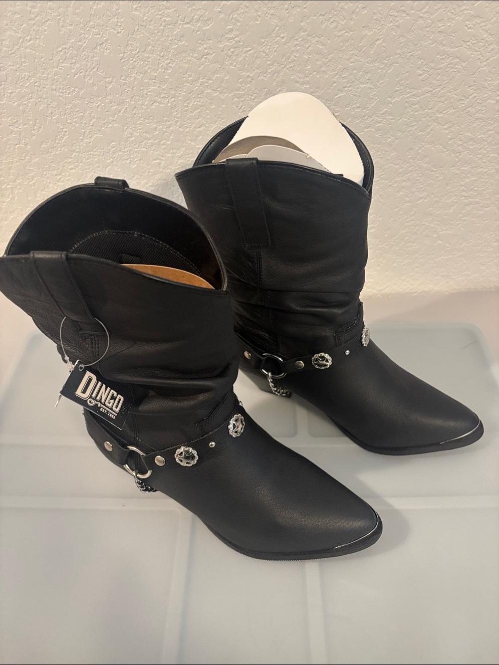 Dingo Olivia slouchy cowgirl boots black leather upper SZ 9W concho harness NWT